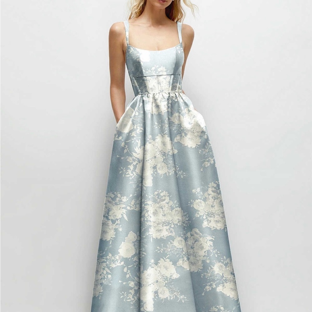 Dessy Collection Light Blue Floral Maxi Bridesmaids Dress
